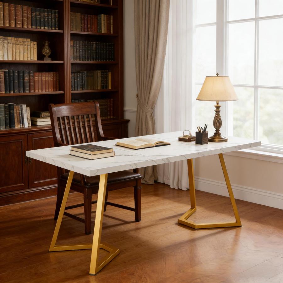Escritorio para oficina en casa madera y metal blanco y dorado