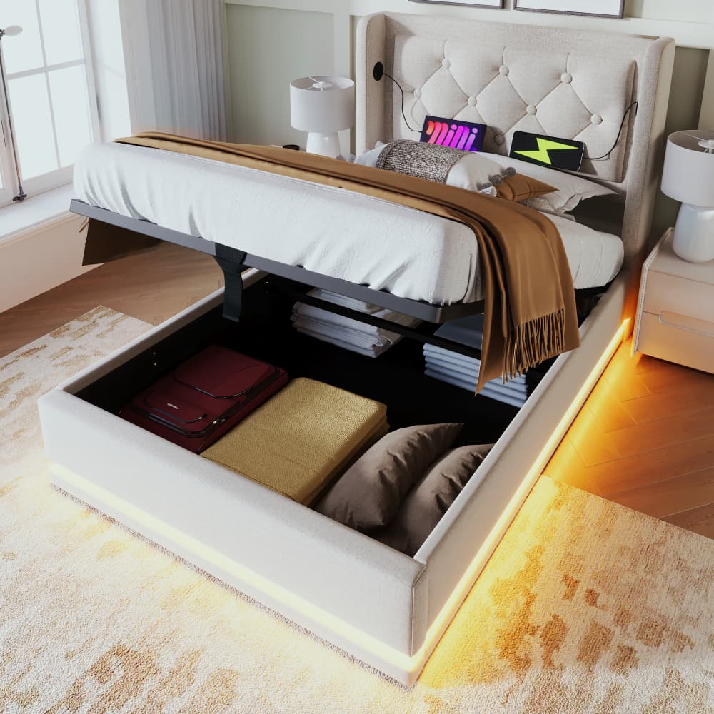 Cama tapizada 90x200cm con canapé hidráulico, usb y LED algodón – beige