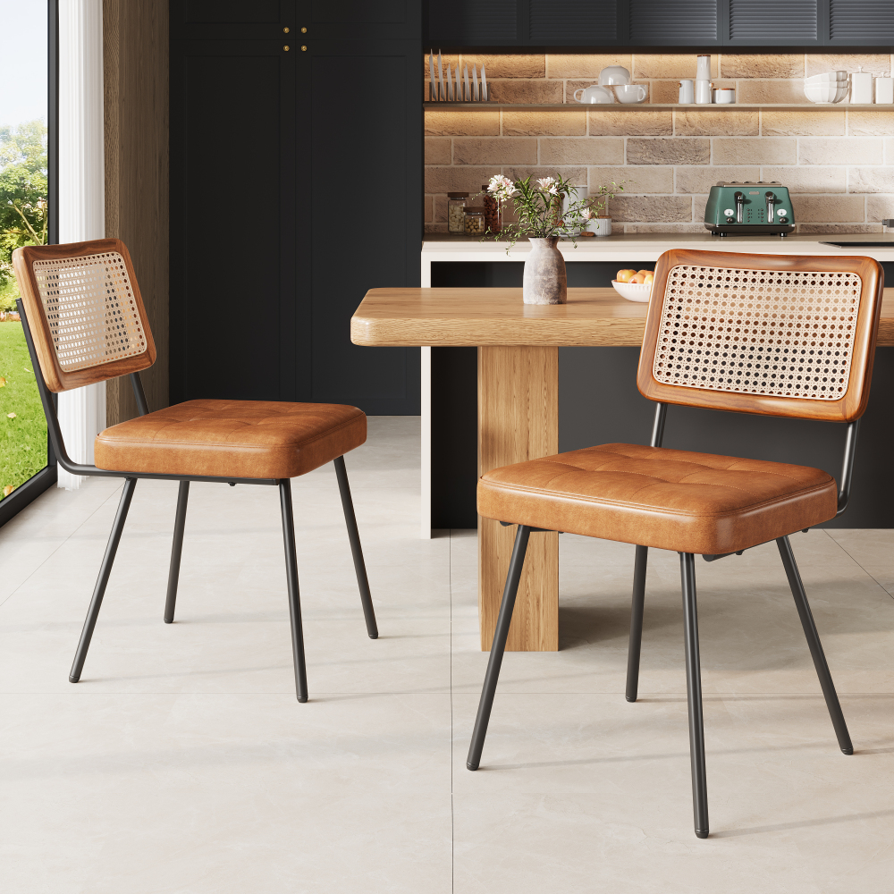 Silla comedor pu marrón con ratán pe y patas ajustables