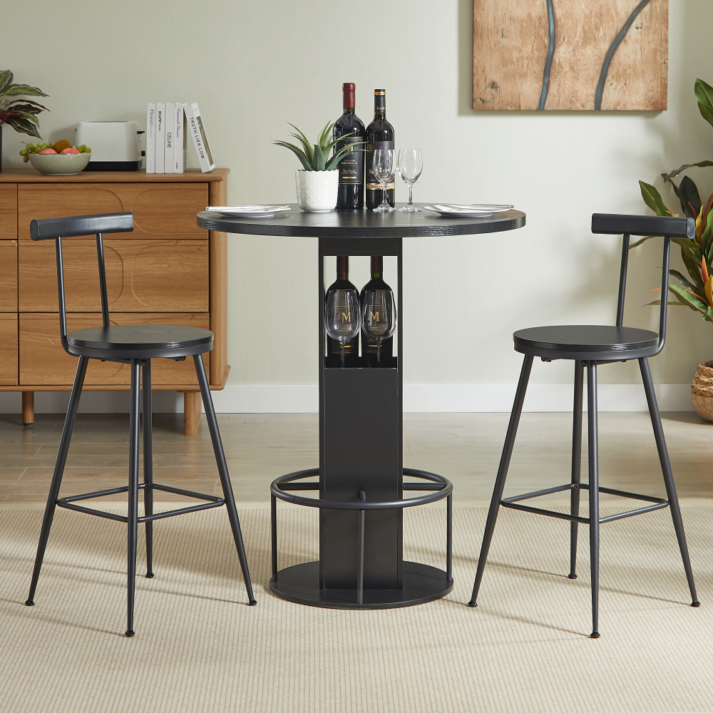 Mesa alta redonda con 2 taburetes madera y acero negro diámetro 80cm