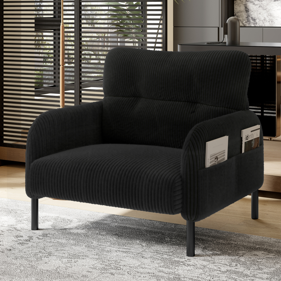 Sillón individual de pana negro con bolsillos laterales para salón