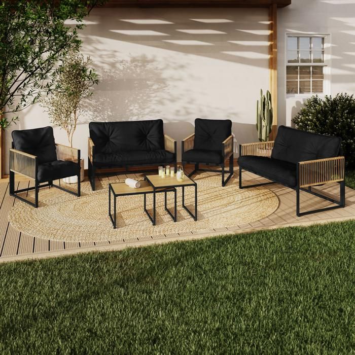 Salón de jardín bajo de 6 plazas - ratán negro y metal