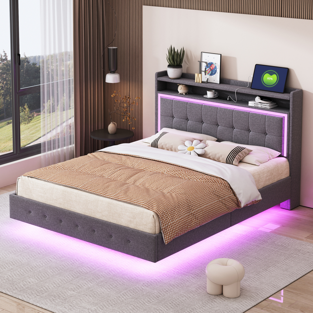 Cama tapizada 140x200 cm con usb y luz LED lino – color gris