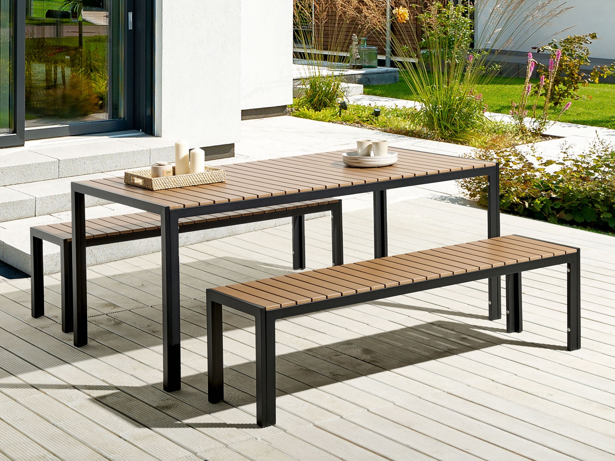 Conjunto de comedor exterior con bancos 6 plazas nardo marrón/negro