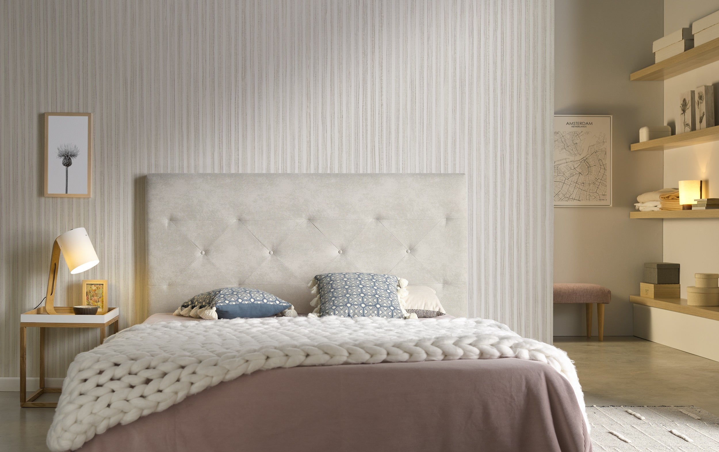 Cabecero zafiro para cama de 160 de tela blanco roto 165x115x8.