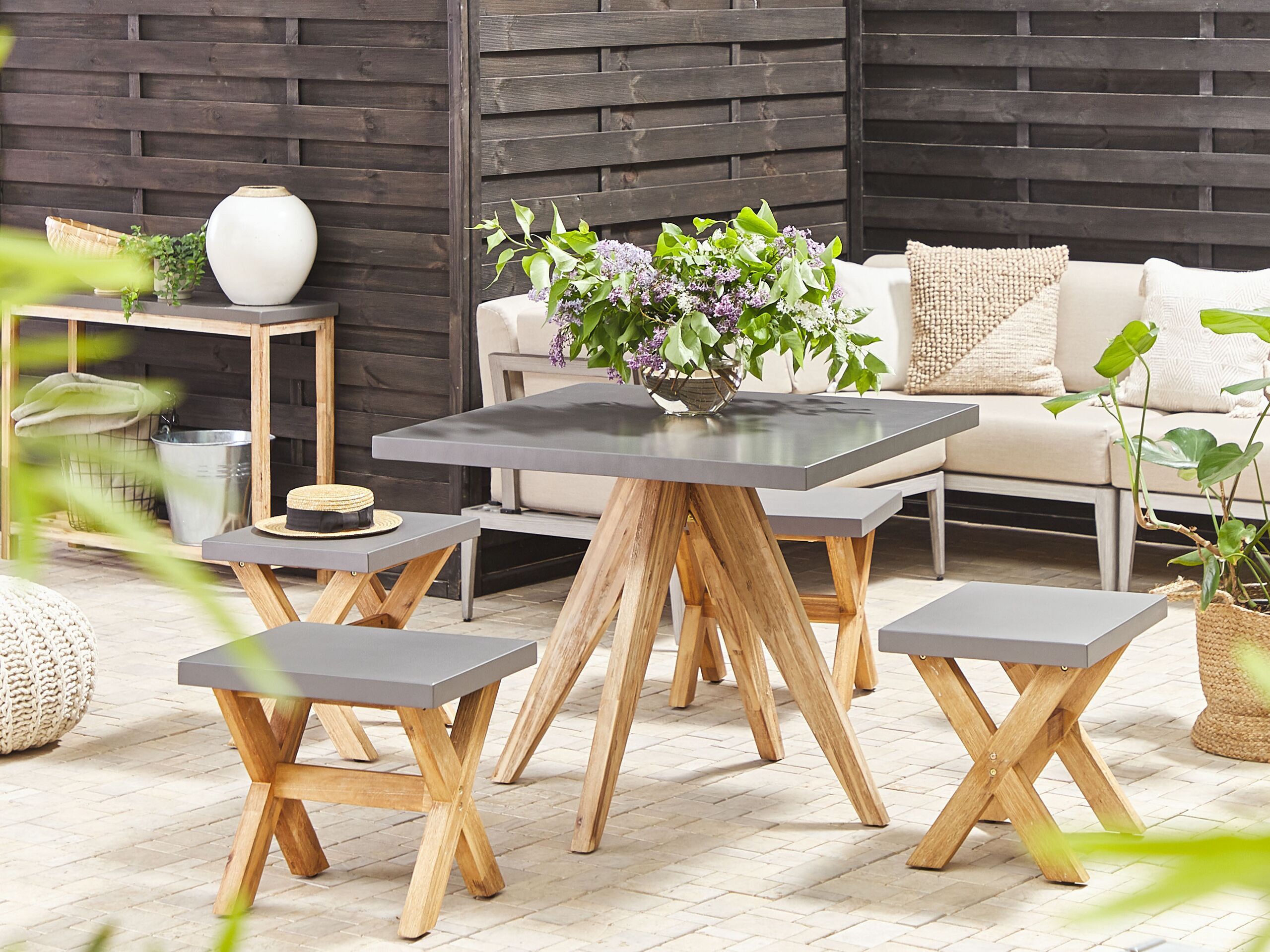 Conjunto de comedor exterior con taburetes 4 plazas olbia cemento gris