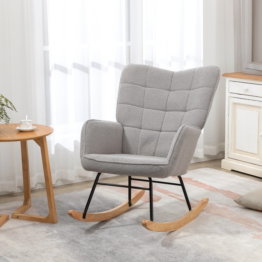 Sillón mecedor tapizado gris claro 1 plaza con reposabrazos y cojín