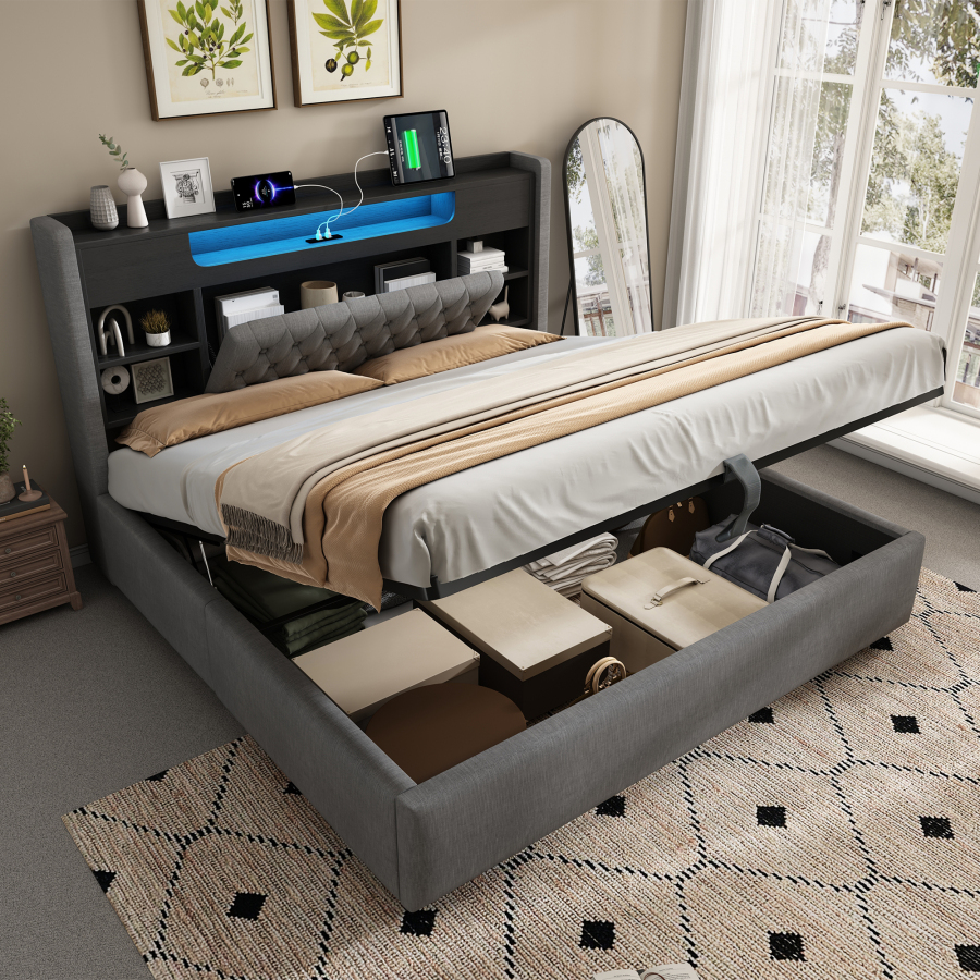 Cama tapizada 180x200 cm con canapé, LED usb y estantería lino