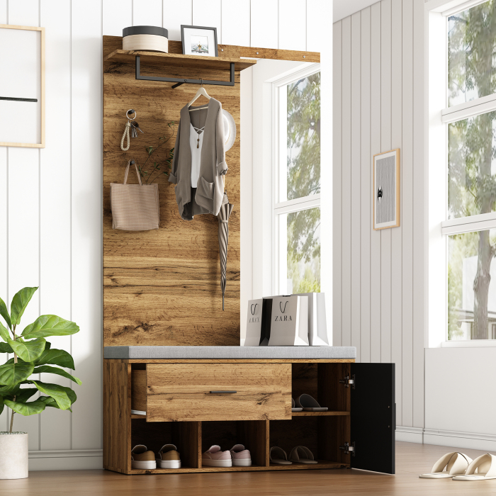 Mueble recibidor con espejo banco zapatero cajón y perchero roble