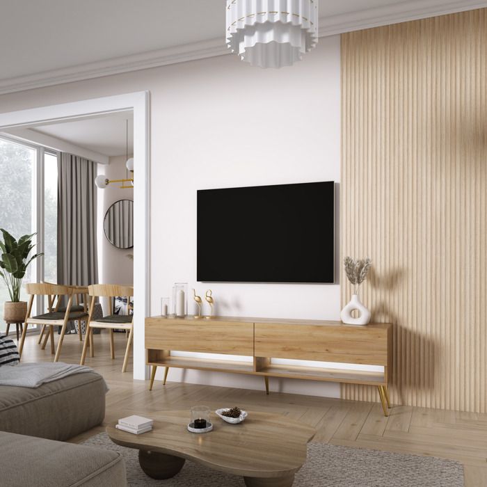 Mueble tv en roble craft - patas doradas - LED - 170 x 32 x 52 cm