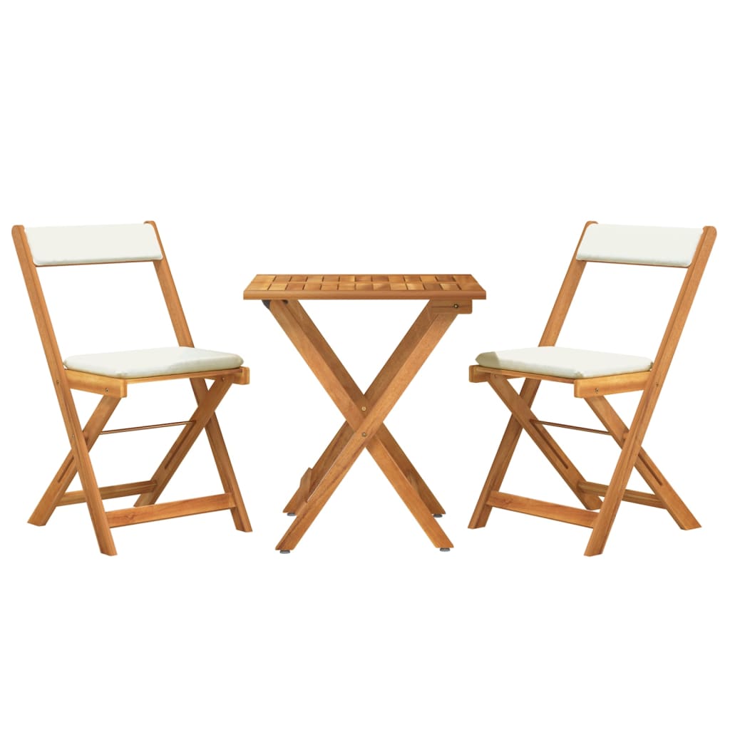 vidaXL mesa y sillas plegables terraza 3 pzas y cojines madera acacia