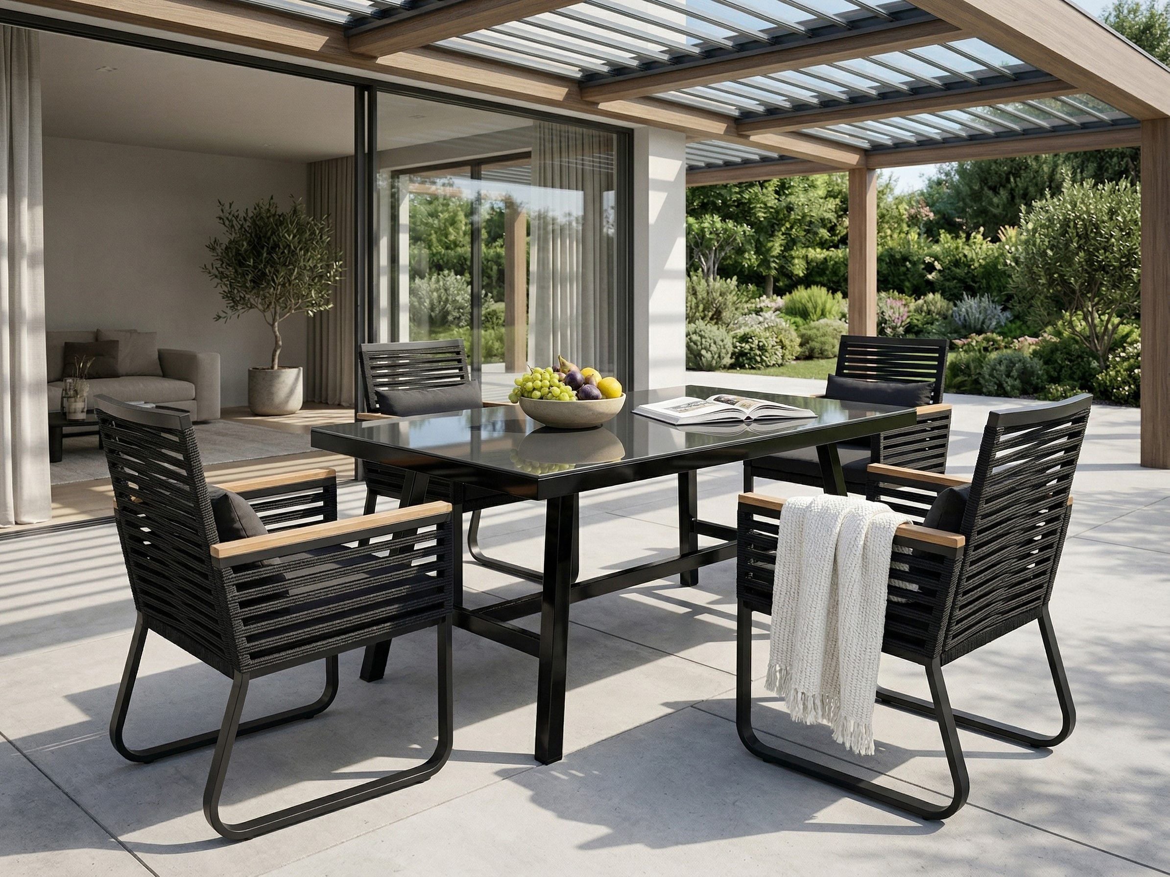 Conjunto de comedor exterior 4 plazas canetto con cojines metal negro