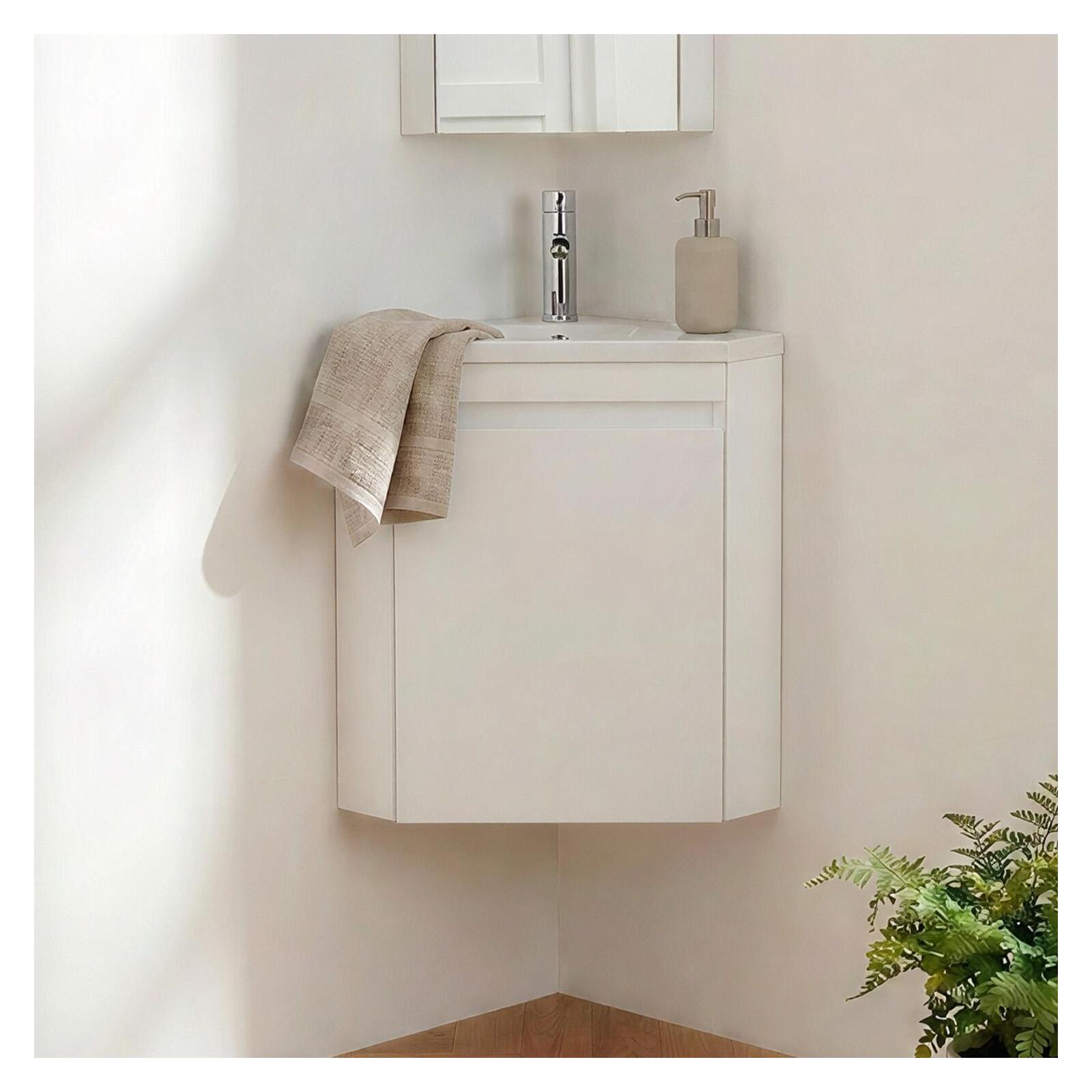 Mueble lavamanos esquina con lavabo de resina y grifo cromo lisa