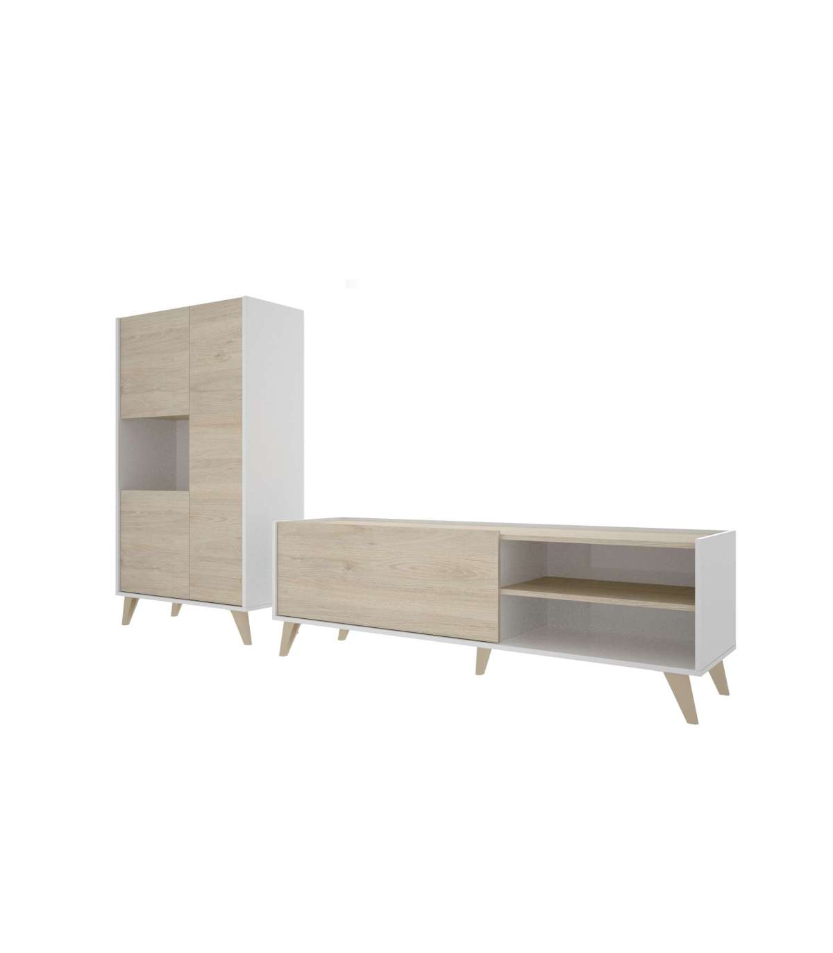 Conjunto salón moderno con mueble bajo tv y módulo alto