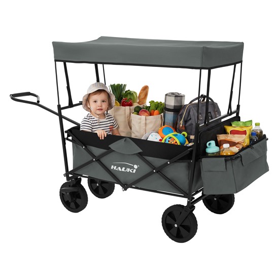 Carro de mano plegable con toldo gris transporte de equipamento playa