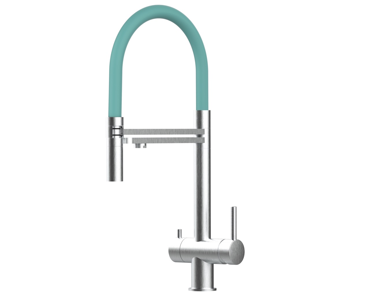 Grifo de cocina 4 vías acero inox ducha 2 chorros, cepillado/turquesa
