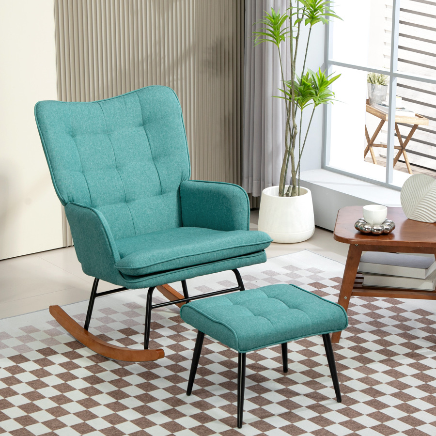 Sillón mecedor con reposapiés de poliéster verde oscuro para sala