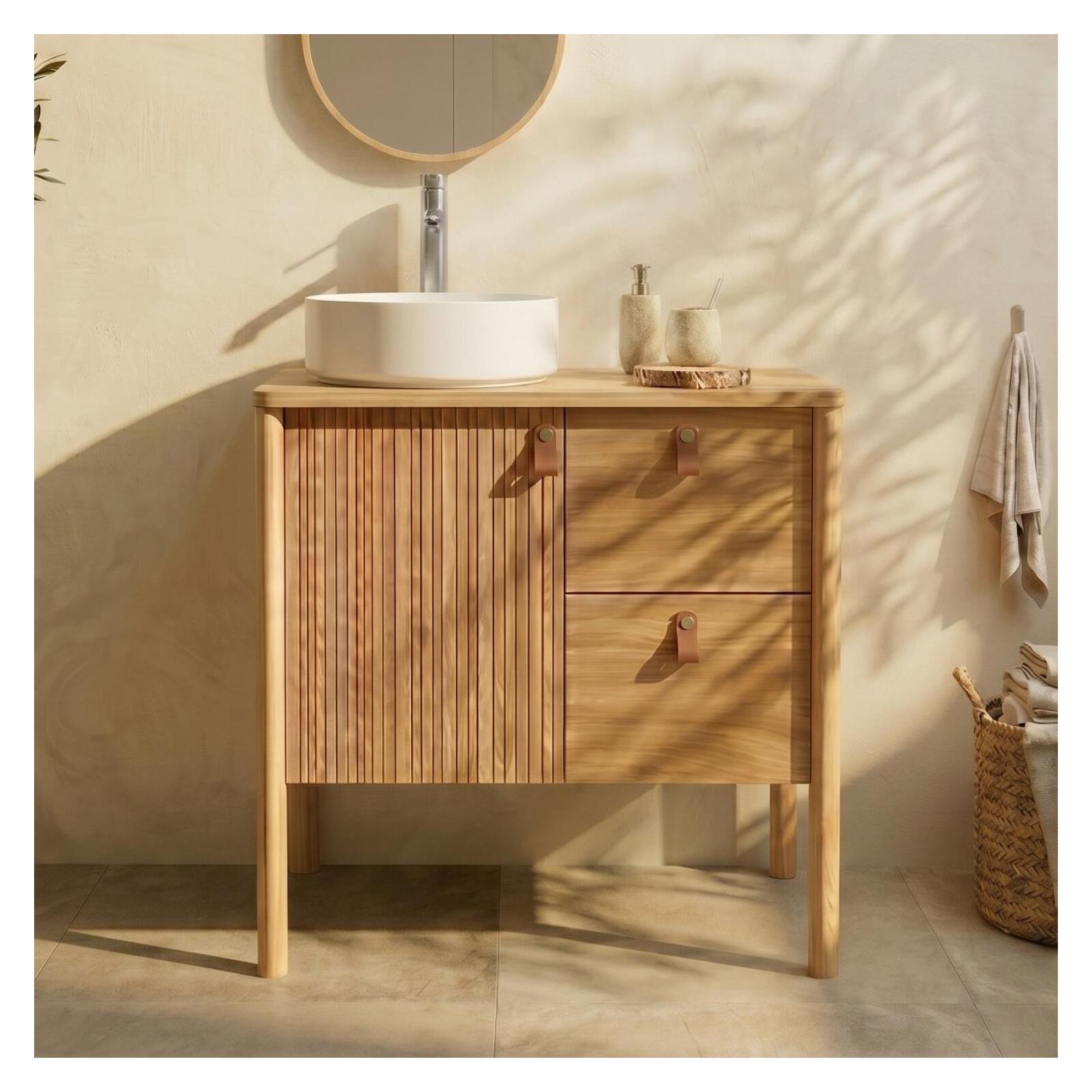 Mueble roble 80cm con patas y lavabo cerámica blanca joy