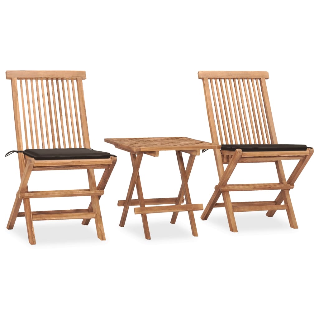 vidaXL set comedor de jardín plegable 3 piezas madera de teca cojines