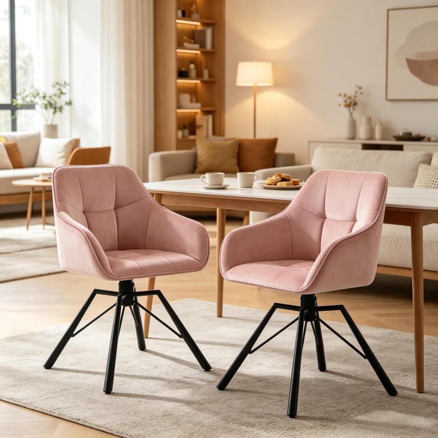 Silla de comedor giratoria terciopelo rosa con reposabrazos set de 2
