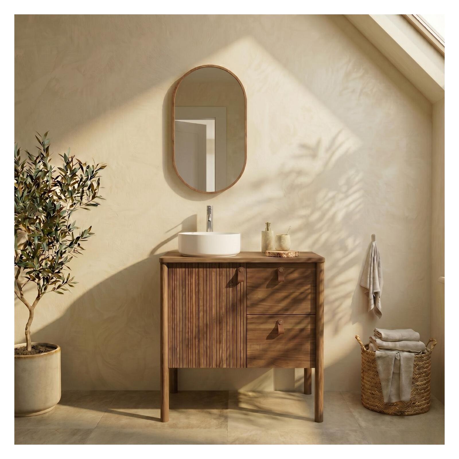 Mueble roble 80cm patas, lavabo, grifo y espejo ovalado joy