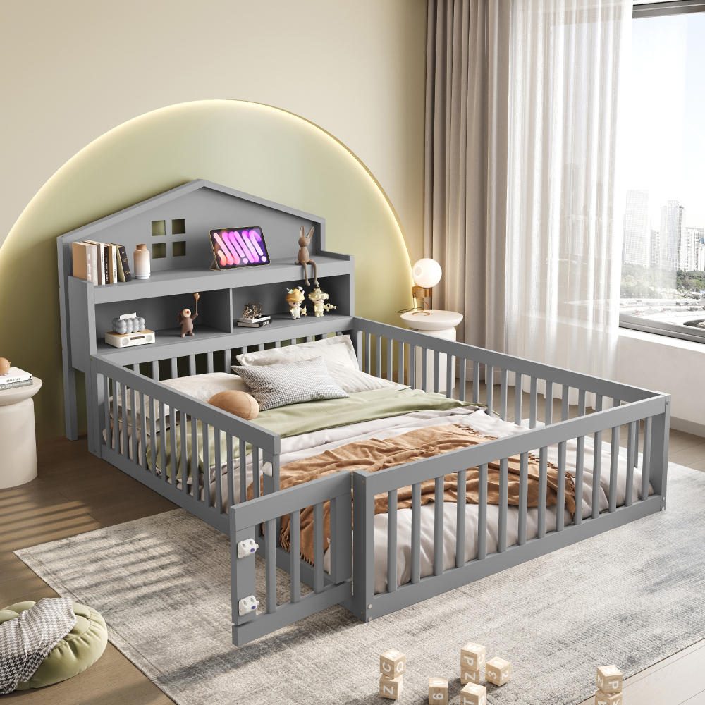 Cama infantil 140x200cm con barandilla, somier y almacenaje madera gris