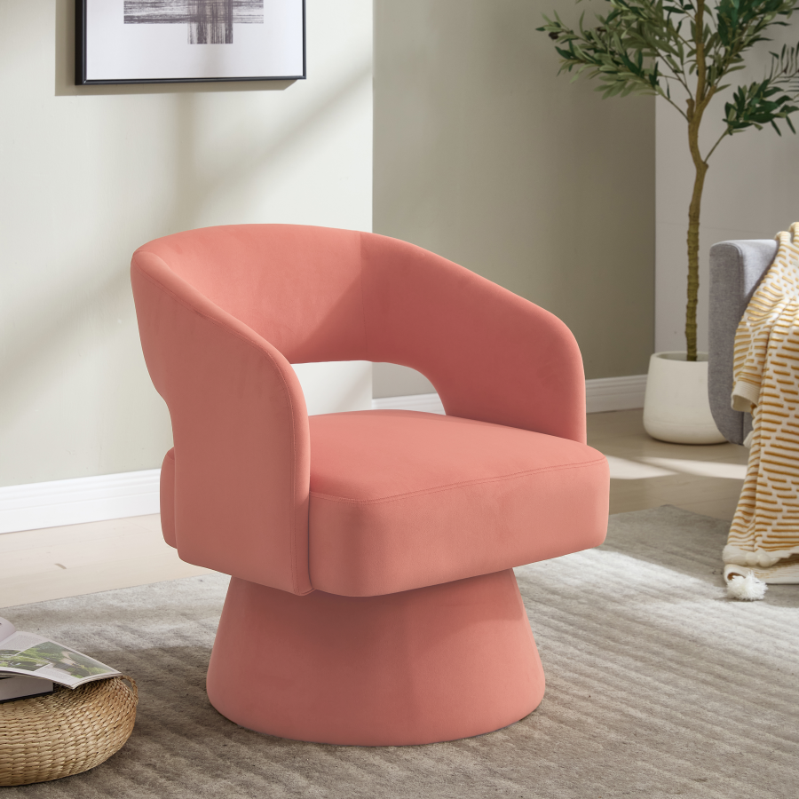Sillón giratorio chenilla rosa respaldo abierto base redonda salón oficina