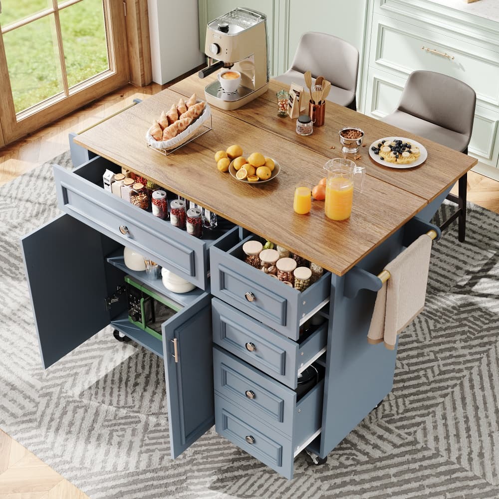 Isla de cocina con mesa abatible y almacenaje azul 92x110x45-75cm