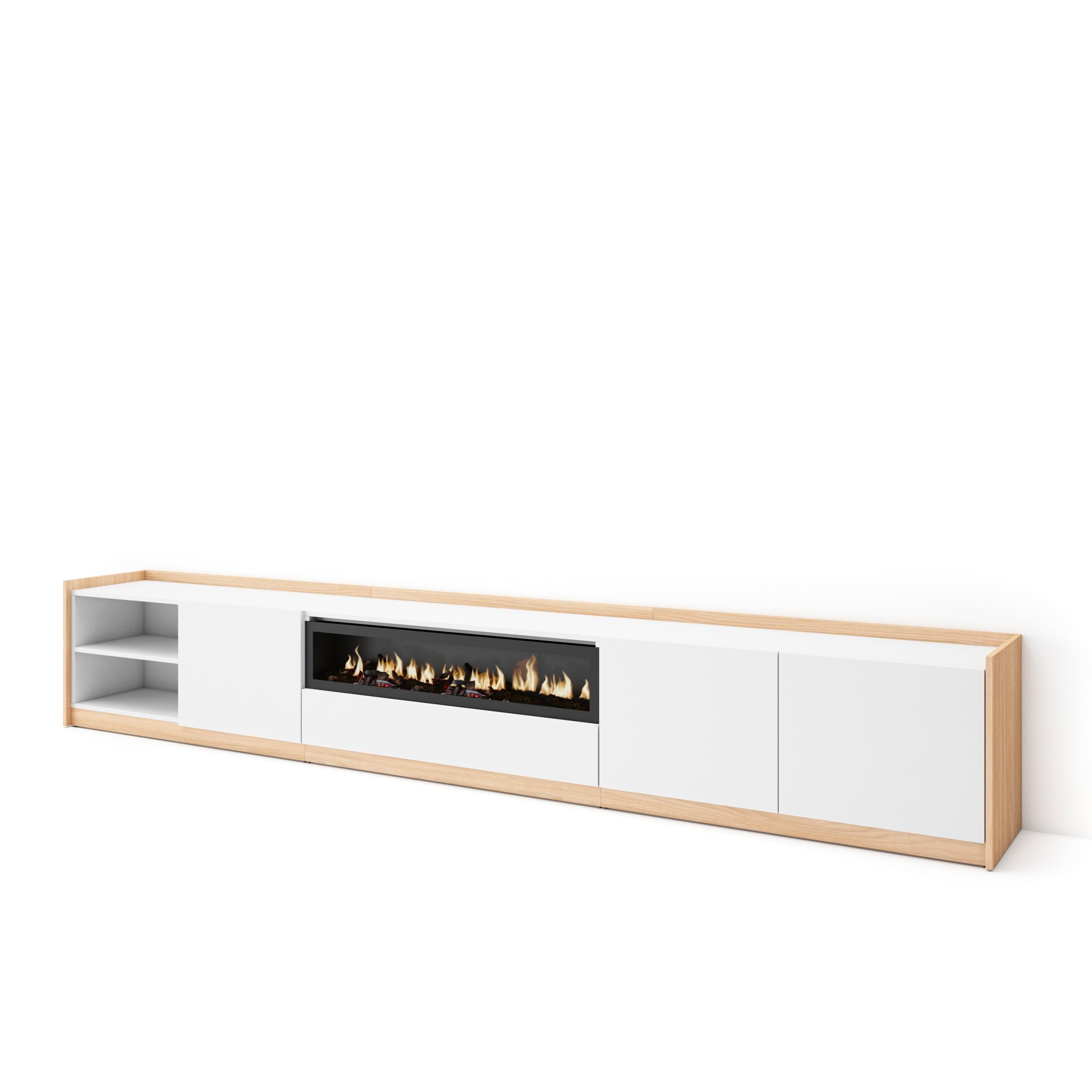 Mueble tv, 310x37x50cm, blanco y roble soft, chimenea eléctrica rf4335