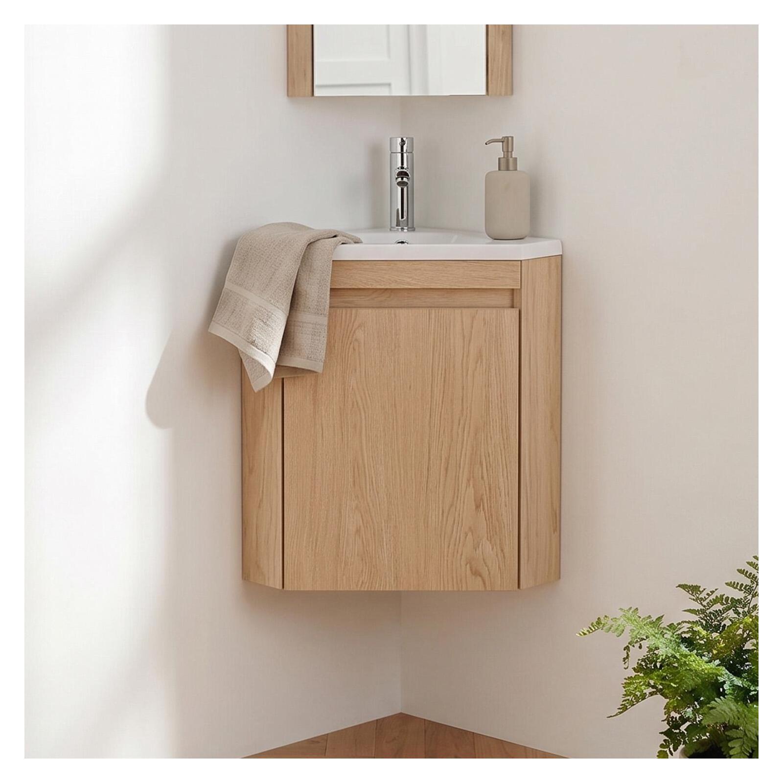 Mueble lavamanos esquina con lavabo de resina y grifo cromo lisa