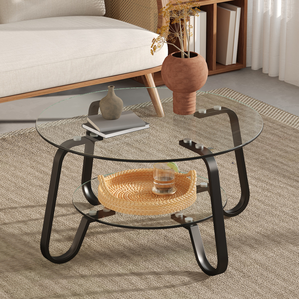 Mesa de centro redonda de 2 niveles metal negro con vidrio para salón