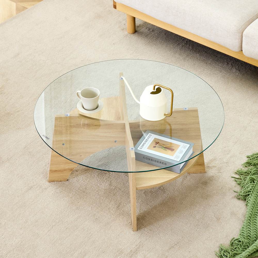 Mesa de centro redonda cristal y madera natural ø80x36cm