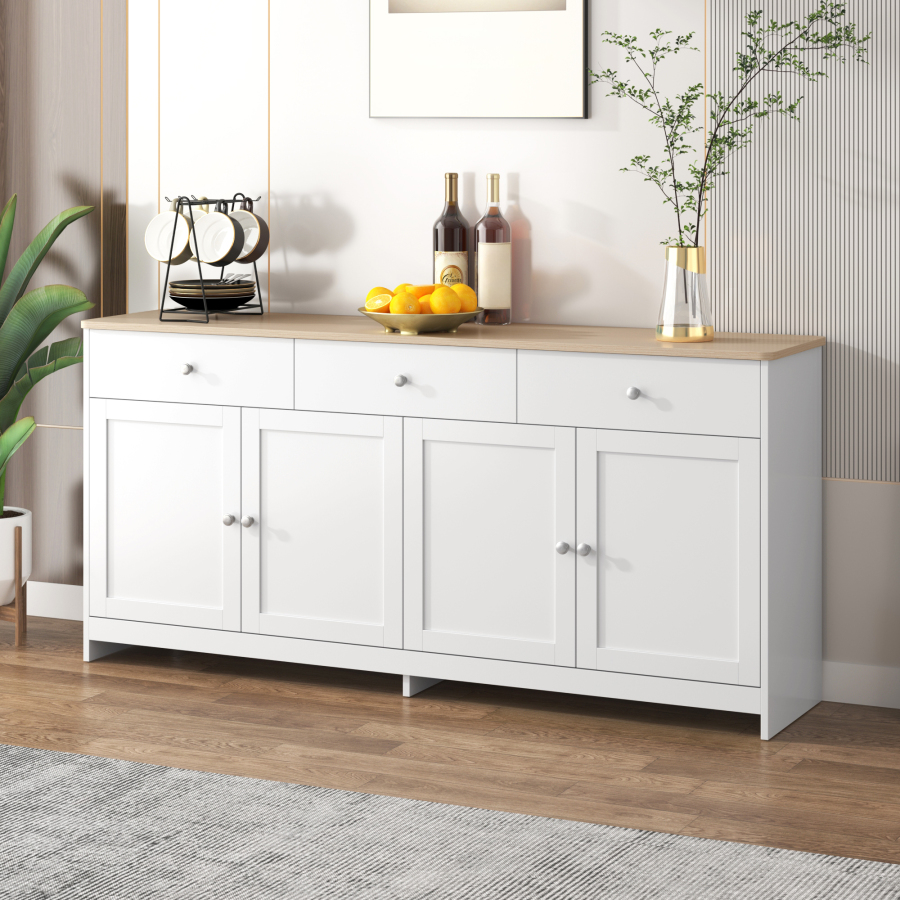 Aparador para salón comedor 4 puertas 3 cajones blanco y madera 75x160x37cm