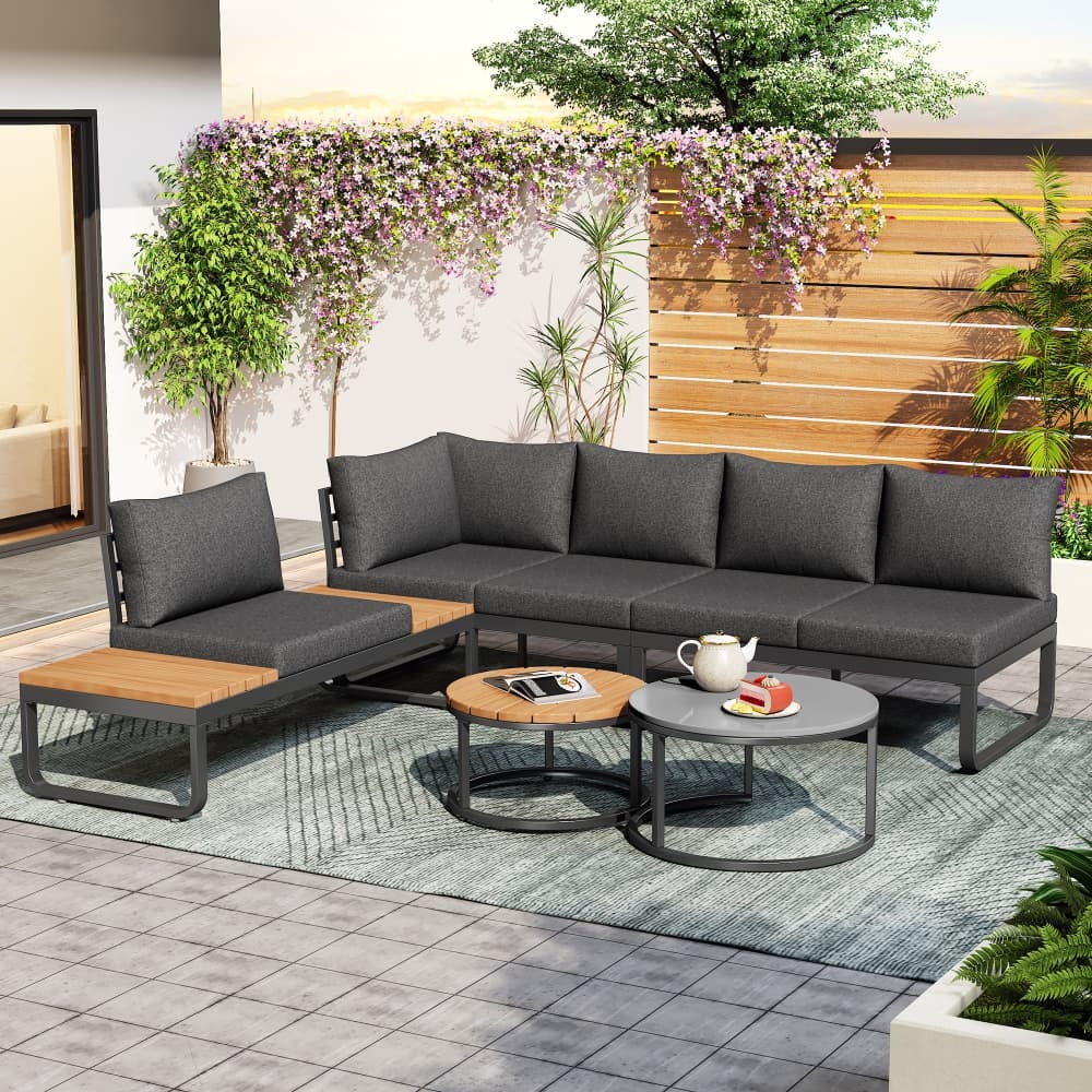 Conjunto sofás jardín hierro gris 4-5 plazas 2 mesas auxiliares cojines