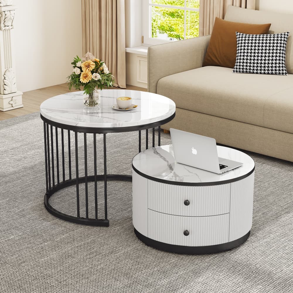 Mesa de centro nido set de 2 con 2 cajones mdf blanco negro 45,5x60x60cm