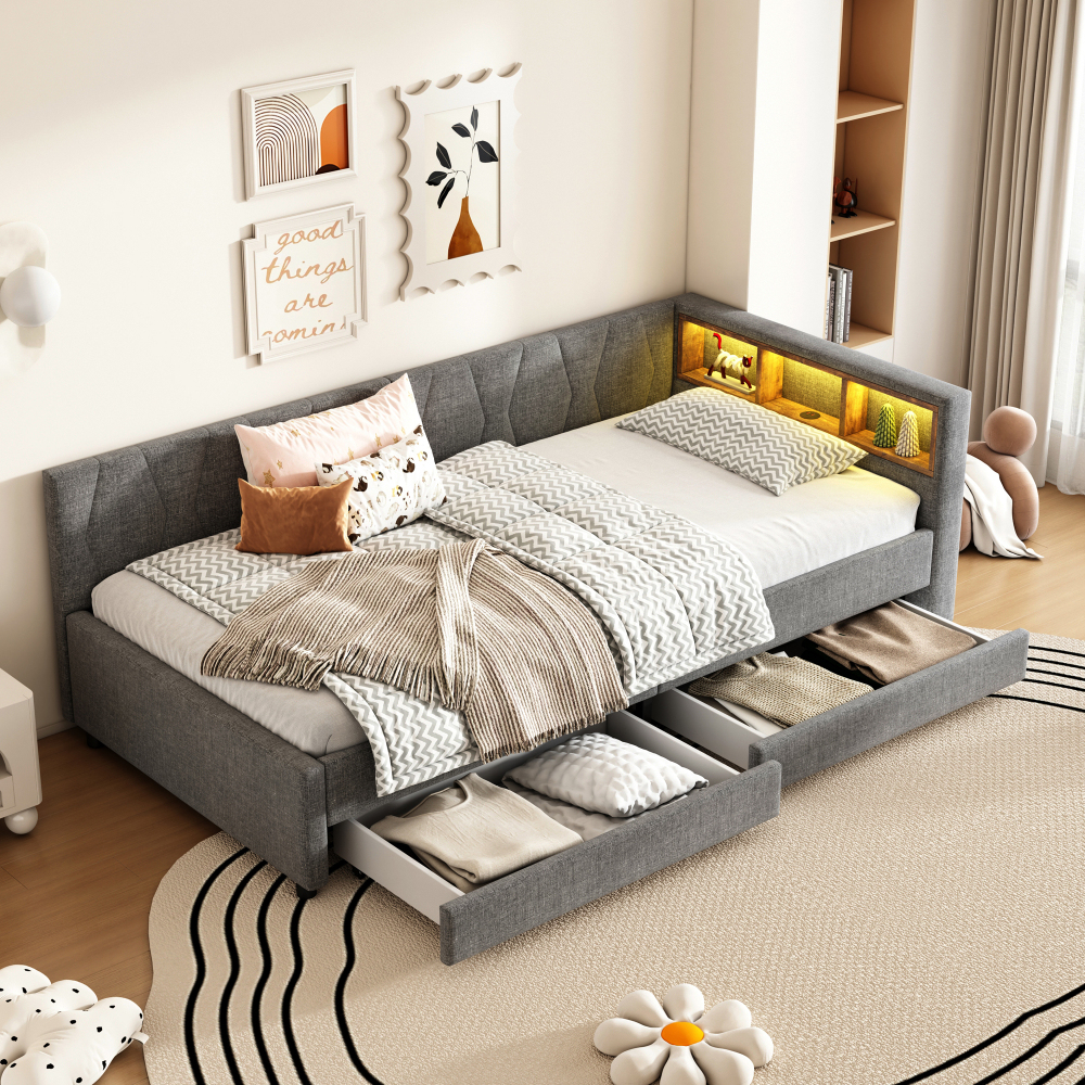Cama tapizada 90x200 cm con LED, usb-c y 2 cajones lino – color gris