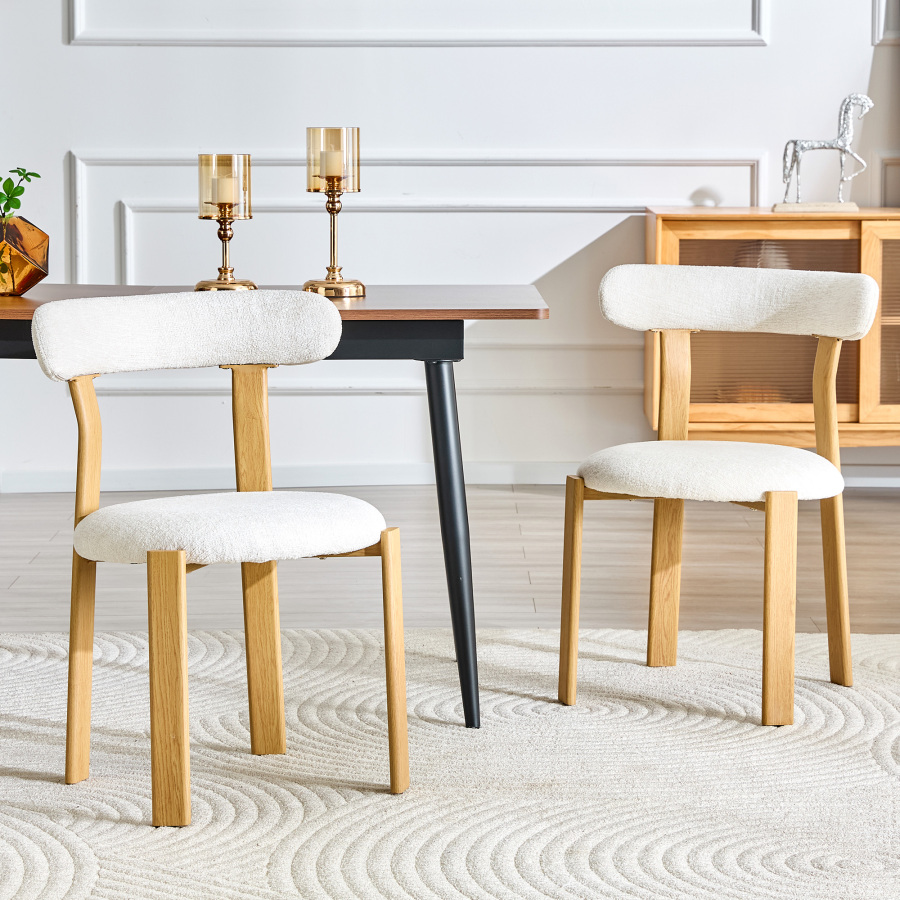 Silla de comedor boucle blanco crema con patas de madera