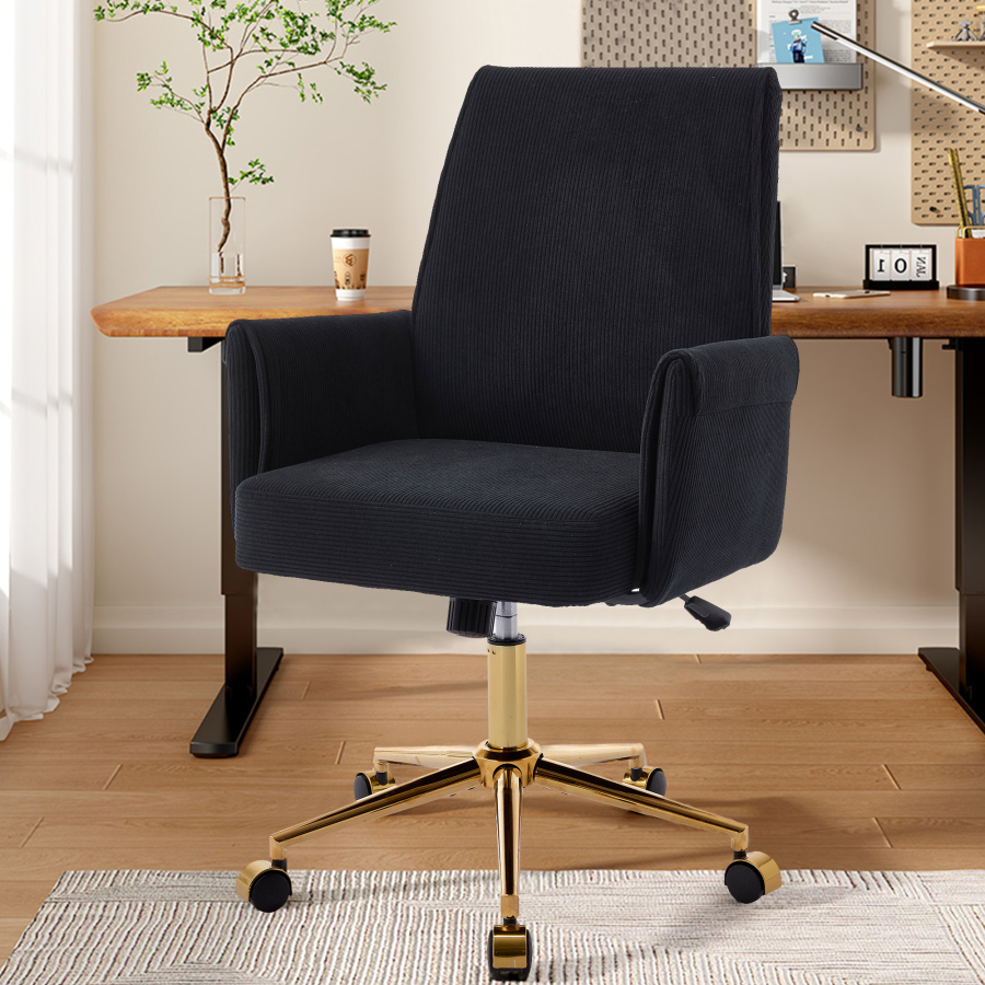 Silla de oficina giratoria de pana negra con base dorada ajustable