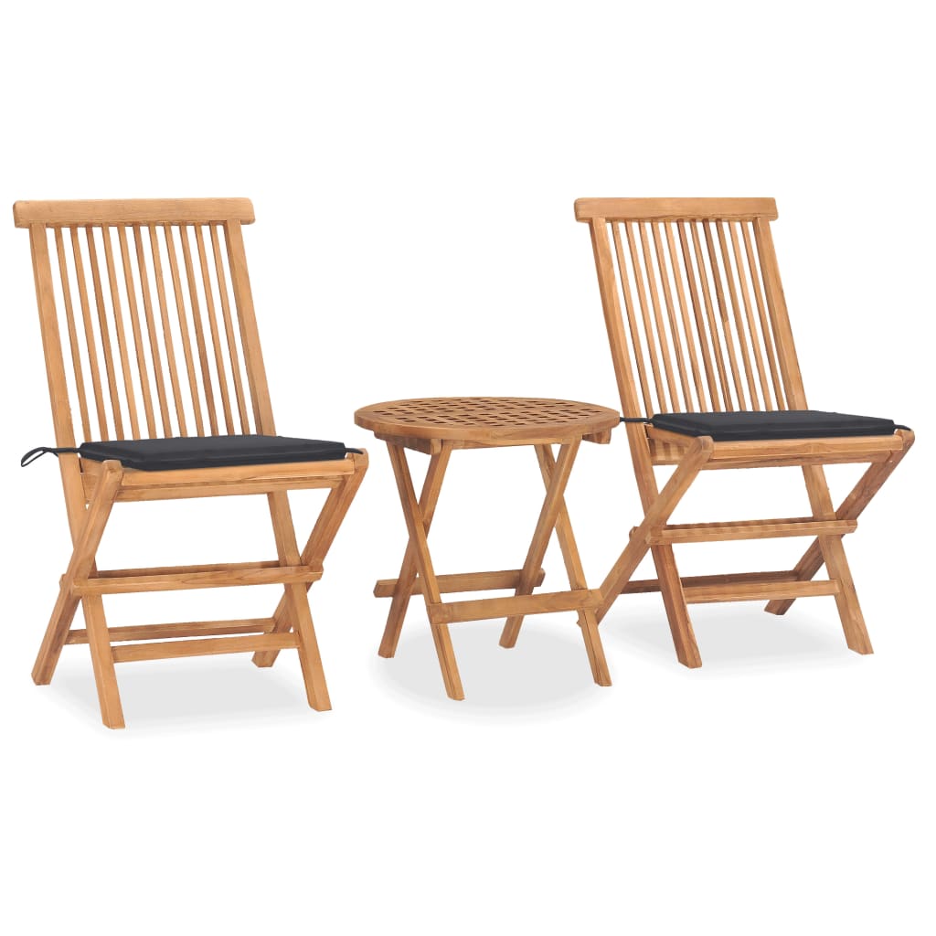 vidaXL set comedor de jardín plegable 3 piezas madera de teca cojines