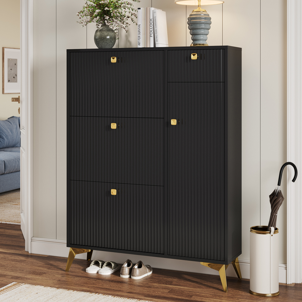 Zapatero estrecho con 3 puertas abatibles cajón y puerta negro 121x90x25cm