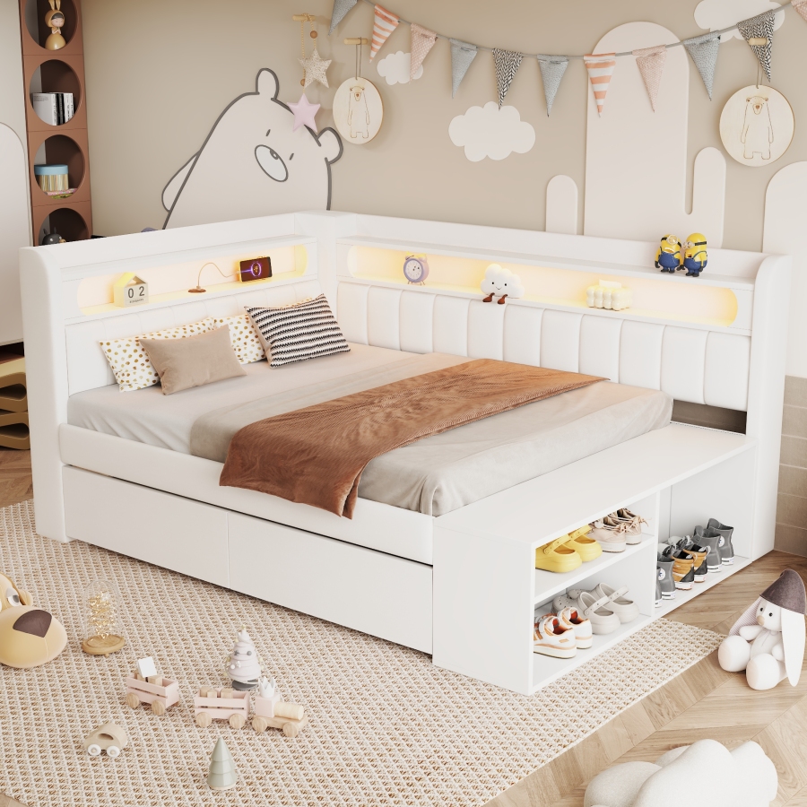 Cama tapizado 90x200cm con LED usb zapatero y cajones mdf blanco
