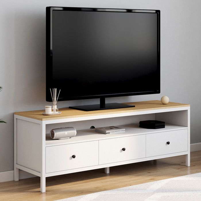 Mueble tv blanco con 3 cajones y tablero de madera - 140 cm