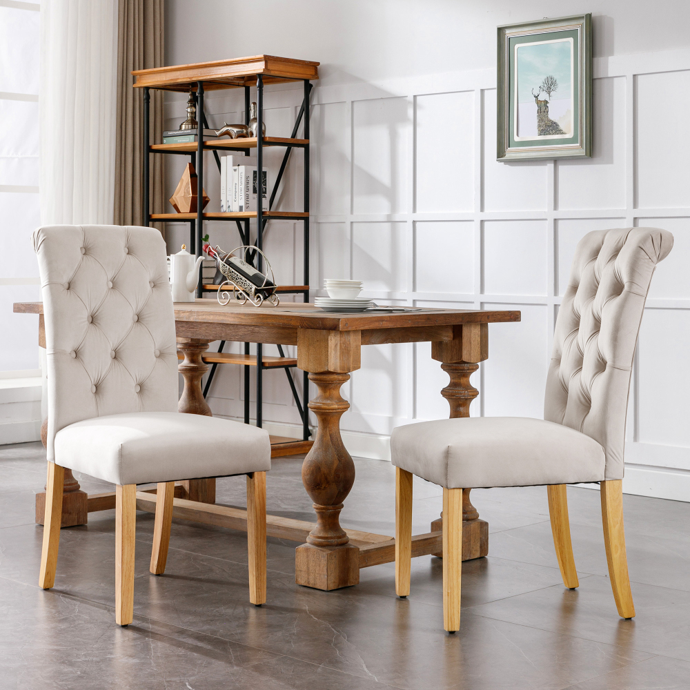 Silla de comedor terciopelo beige set 2 con patas roble y acolchado