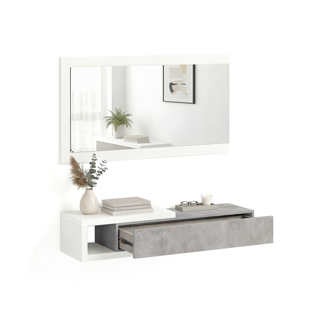 Mueble de recibidor con espejo derek blanco mate - gris cemento