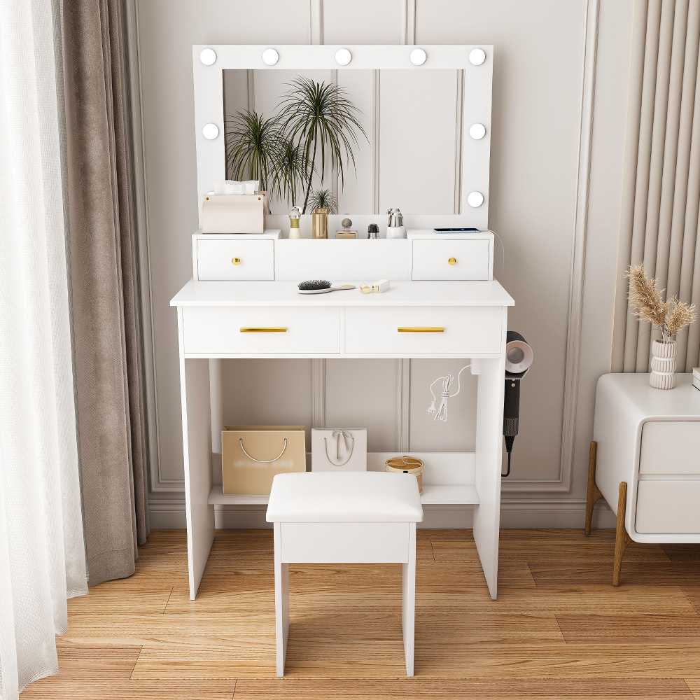 Tocador con espejo LED y taburete 4 cajones blanco 137x80x40cm