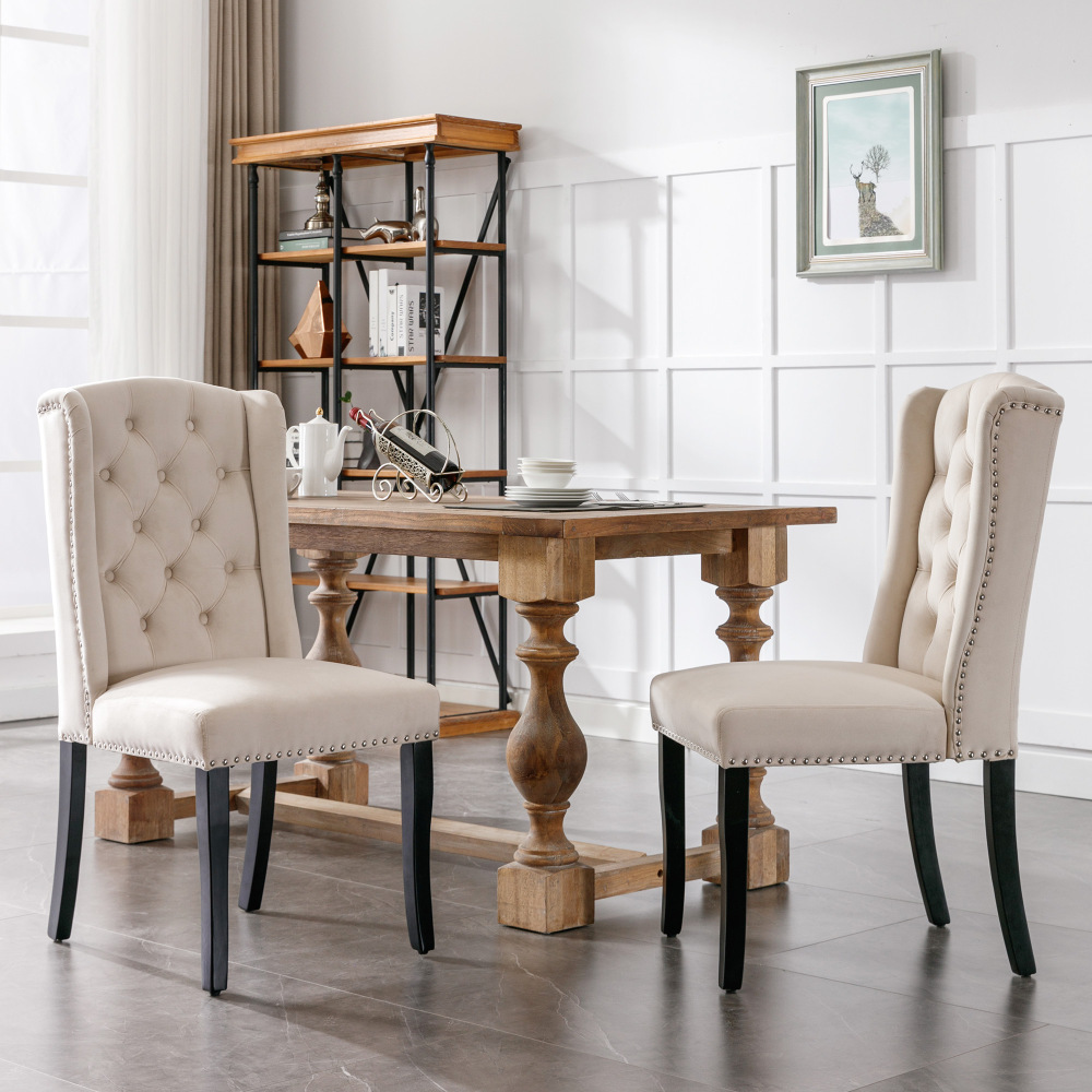 Silla de comedor terciopelo beige set 2 con patas roble curvo
