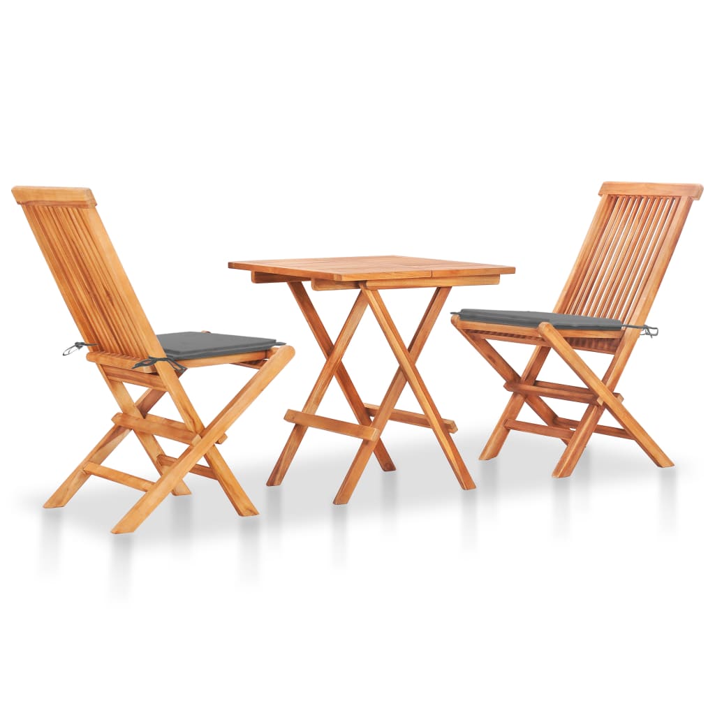 vidaXL set de bistró 3 pzas con cojines grises madera maciza de teca