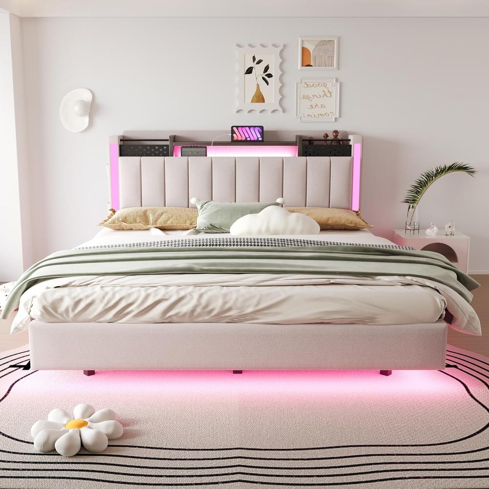 Cama doble tapizada con LED usb y almacenaje 160x200cm beige