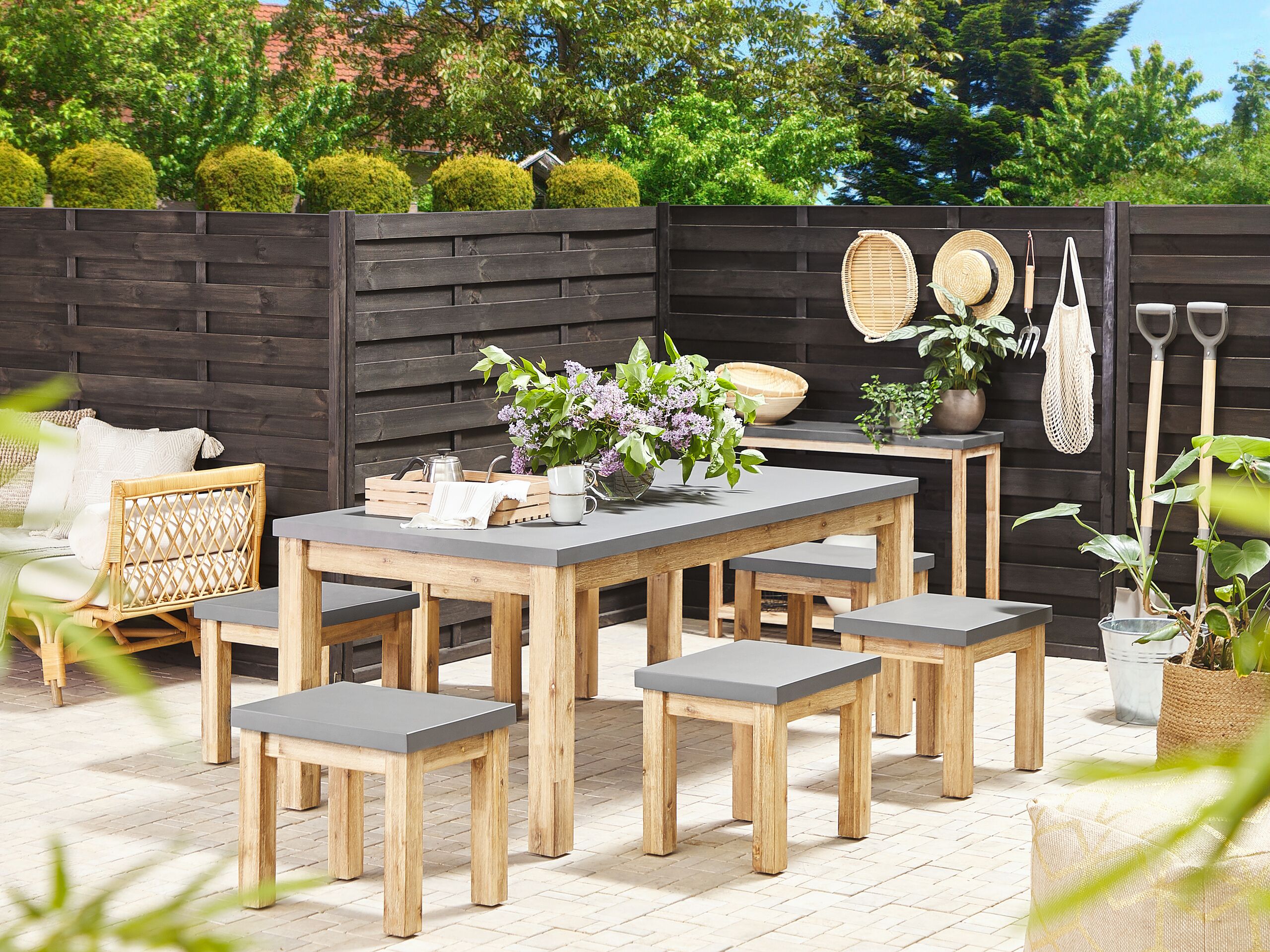 Conjunto de comedor exterior con taburetes 6 plazas ostuni cemento gris