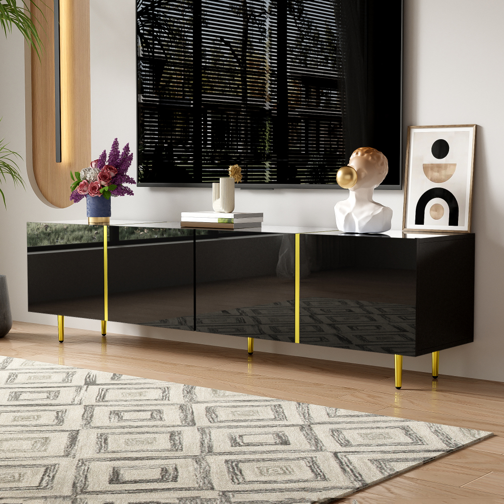 Mueble de tv con 4 puertas negro brillante 46x170x35cm